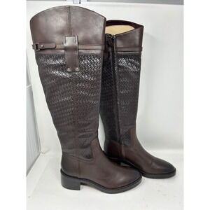 Franco Sarto Tall Riding Boots Womens Size 8 Brown Woven Leather Side Zip Block